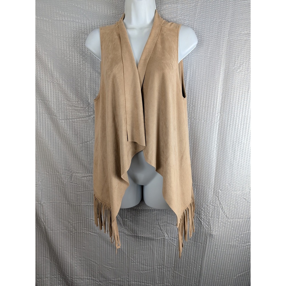 Bagatelle Collection Faux Suede Fringe Waterfall Vest Tan‎ Camel Size L